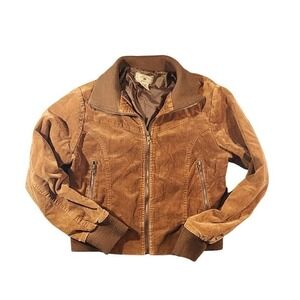 DOKI-GEKI Bomber Jacket Womens Large Brown Corduroy Zip Pockets Ribbed Collar
